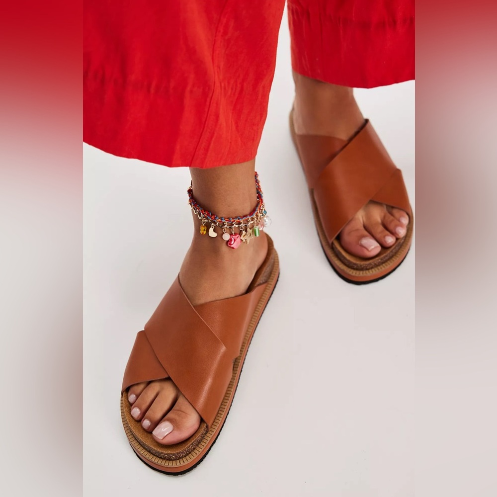 Free People Tan Leather Crossband Slide Sandals